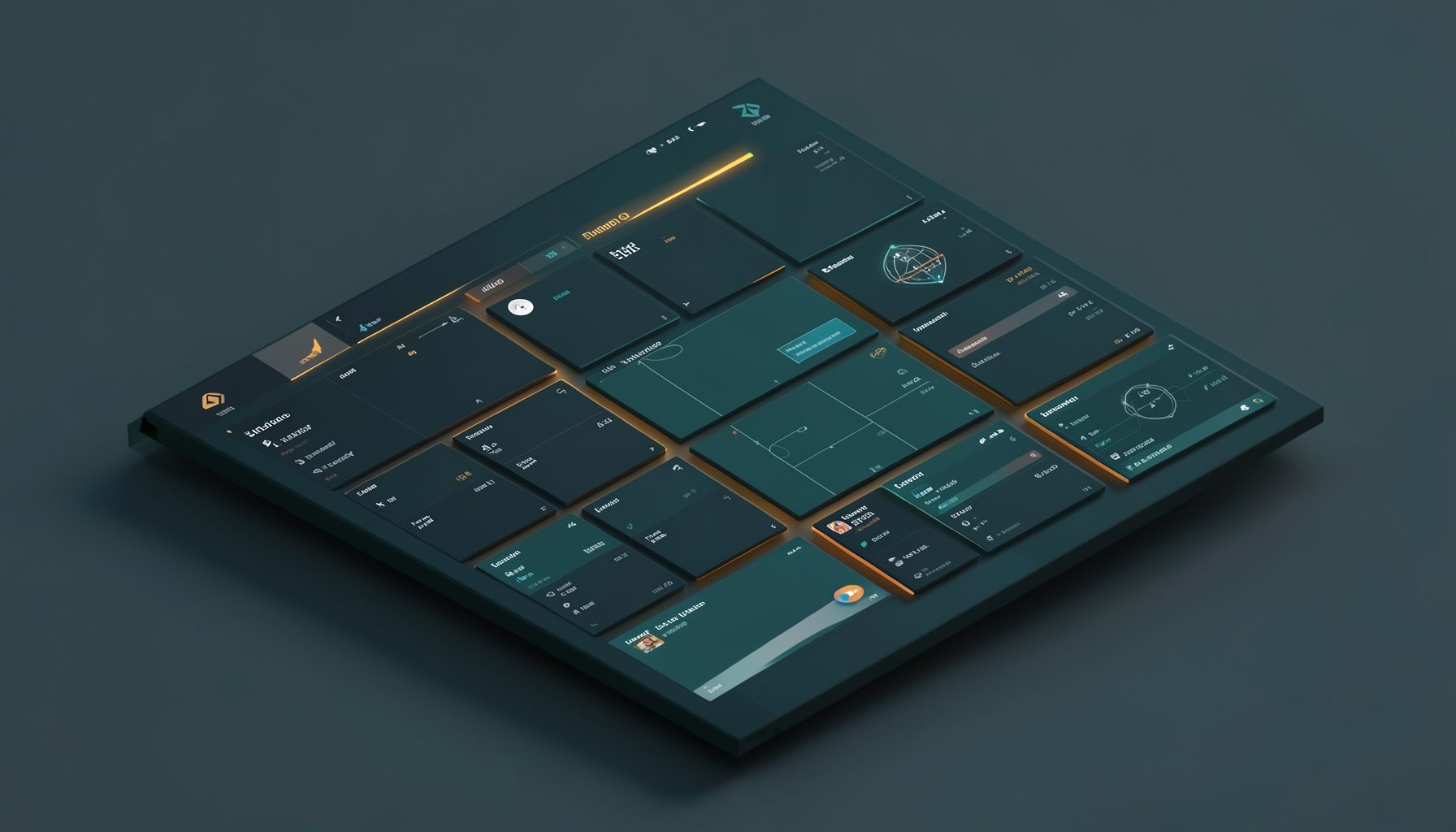 Isometric 3D render of a sleek sportsbook dashboard with dark teal and charcoal tones, glowing amber accent highlights, and floating match-card panels arranged in a clean grid